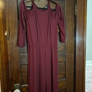 Lulu's Dark Deep Red Cold Shoulder circle back Jumpsuit 3/4 Sleeve